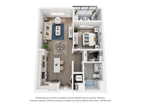 A 3D floor plan of a small apartment with a kitchen, living room, and bathroom.